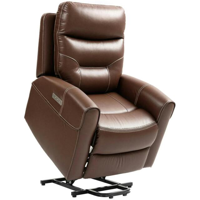 Rackhams Power Lift Recliner Chair for Elderly, Overstuffed Faux Leather Riser and Reclining Chair with USB A+C Ports, Recliner Armchair for Living Room, Brown