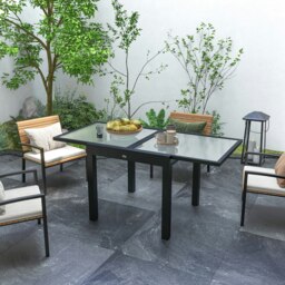 Rackhams Extendable Outdoor Dining Table Patio Table, Clear - Black and Clear - Aluminium, Tempered Glass - 160L x 80W x 75H cm - thumbnail 1