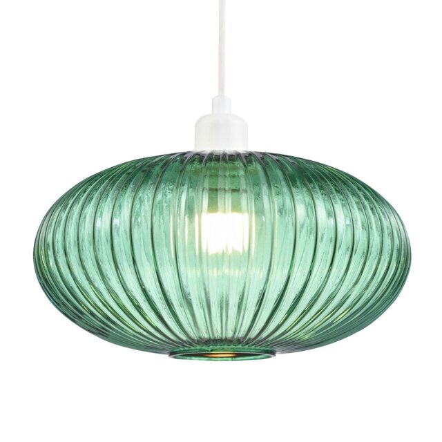 Rackhams Modern Designer Emerald Forest Green Line Ribbed Glass Oval Pendant Lamp Shade - image 1