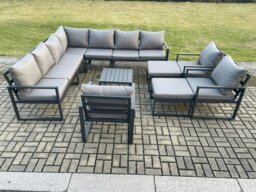 Rackhams Aluminium Outdoor Garden Furniture Set Lounge Corner Sofa 3 Pcs Chair Square Coffee Table Sets with 2 Big Footstools Dark Grey - thumbnail 2