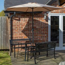 Rackhams Outdoor 4 Person Rectangular Glass Top Garden Dining Table Benches With Beige Havana Parasol and Base Set - Outdoor Furniture Sets - thumbnail 1