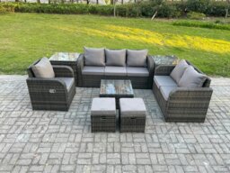 Rackhams Indoor Outdoor Rattan Garden Furniture 8 Seater Set Table Sofa Chair Patio Conservatory with Grey Cushions 2 Side Tables 2 Small Footstools - thumbnail 2