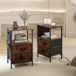 Rackhams Set Of 2 Bedroom Bedside Nightstand Tables With Charging Station Rustic Brown