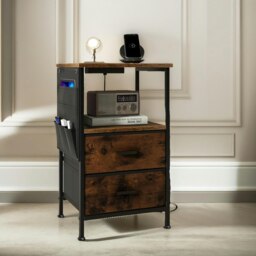 Rackhams Set Of 2 Bedroom Bedside Nightstand Tables With Charging Station Rustic Brown - thumbnail 5