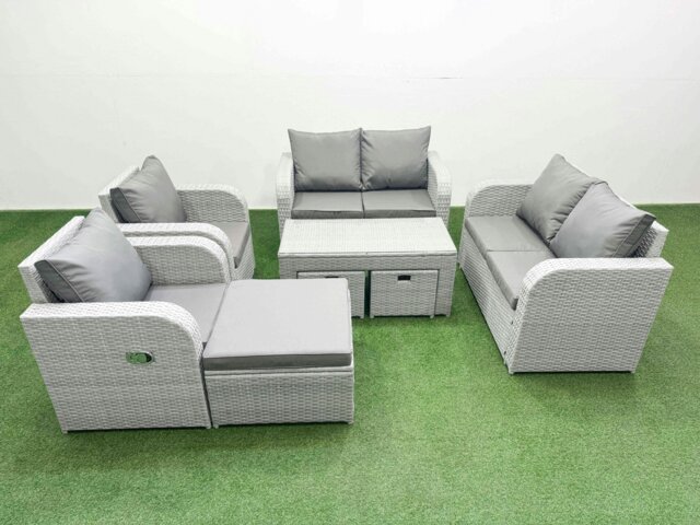 Rackhams 9 Seater Outdoor Reclining Chair Love Sofa Set Rattan Garden Furniture Set with Oblong Coffee Table 3 Stools Light Grey - image 1