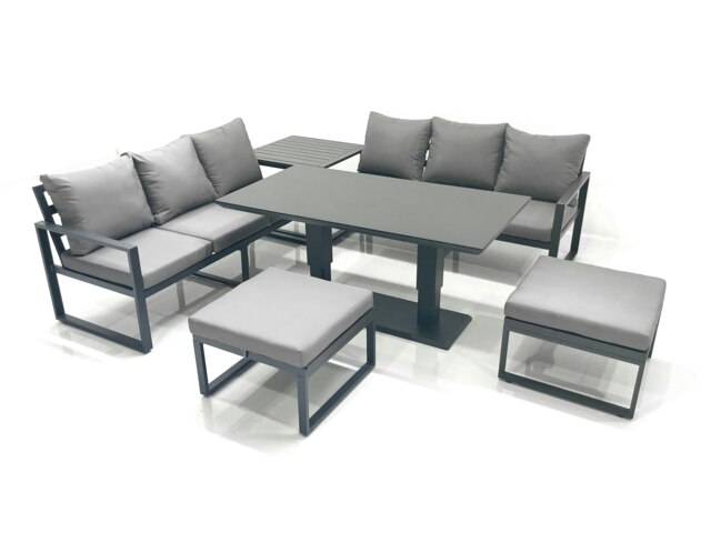 Rackhams 8 Seater Aluminium Outdoor Garden Furniture Set with Adjustable Rising Lifting Dining Table 3 Seater Sofa 2 Big Footstool Side Table Dark Grey - image 1