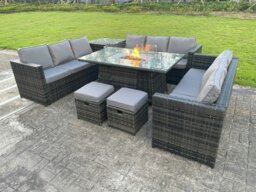 Rackhams Rattan Outdoor Garden Furniture Set with Gas Fire Pit Dining Table, 3 Sofas, 1 Side Table, 2 Small Footstools - 11 Seater - Dark Grey
