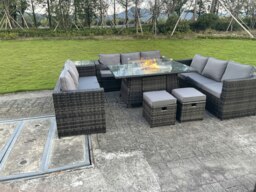 Rackhams Rattan Outdoor Garden Furniture Set with Gas Fire Pit Dining Table, 3 Sofas, 1 Side Table, 2 Small Footstools - 11 Seater - Dark Grey - thumbnail 3