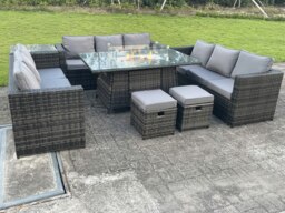 Rackhams Rattan Outdoor Garden Furniture Set with Gas Fire Pit Dining Table, 3 Sofas, 1 Side Table, 2 Small Footstools - 11 Seater - Dark Grey - thumbnail 4