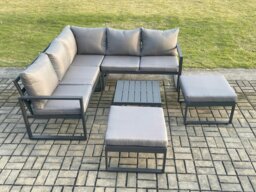 Rackhams Outdoor Garden Furniture Set Aluminium Lounge Sofa Square Coffee Table Sets with 2 Big Footstool Indoor Conservatory Set Dark Grey - thumbnail 2