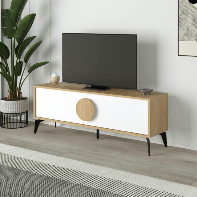 Rackhams Gora Modern TV Unit Oak, White 140(W)cm with 2 Door Flap Stay Storage TV Cabinet Entertainment Metal Legs - Oak-White - image 1