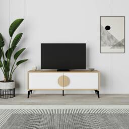 Rackhams Gora Modern TV Unit Oak, White 140(W)cm with 2 Door Flap Stay Storage TV Cabinet Entertainment Metal Legs - Oak-White - thumbnail 4