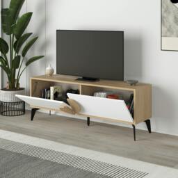 Rackhams Gora Modern TV Unit Oak, White 140(W)cm with 2 Door Flap Stay Storage TV Cabinet Entertainment Metal Legs - Oak-White - thumbnail 3