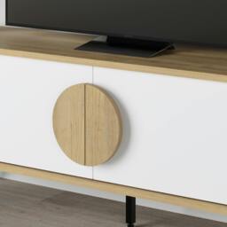 Rackhams Gora Modern TV Unit Oak, White 140(W)cm with 2 Door Flap Stay Storage TV Cabinet Entertainment Metal Legs - Oak-White - thumbnail 5