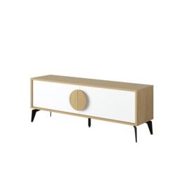 Rackhams Gora Modern TV Unit Oak, White 140(W)cm with 2 Door Flap Stay Storage TV Cabinet Entertainment Metal Legs - Oak-White - thumbnail 2