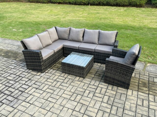 Rackhams 7 Seater Outdoor Furniture Garden Dining Set Rattan Corner Sofa Set with Square Coffee Table Armchair Dark Grey Mixed - image 1