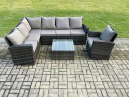 Rackhams 7 Seater Outdoor Furniture Garden Dining Set Rattan Corner Sofa Set with Square Coffee Table Armchair Dark Grey Mixed - thumbnail 2