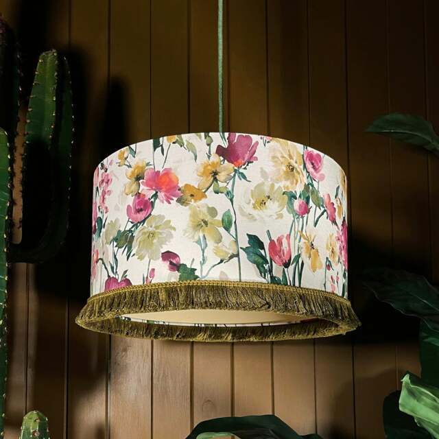 "Rackhams Hazy Meadow Fringed Linen lampshade in Salt with Lemon Lining - Ceiling Pendant / Arc Lamp - 30cm diameter x 20cm Height (12"" x 8"")" - image 1
