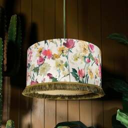 "Rackhams Hazy Meadow Fringed Linen lampshade in Salt with Lemon Lining - Ceiling Pendant / Arc Lamp - 30cm diameter x 20cm Height (12"" x 8"")"