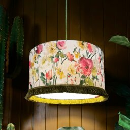 "Rackhams Hazy Meadow Fringed Linen lampshade in Salt with Lemon Lining - Ceiling Pendant / Arc Lamp - 30cm diameter x 20cm Height (12"" x 8"")" - thumbnail 2