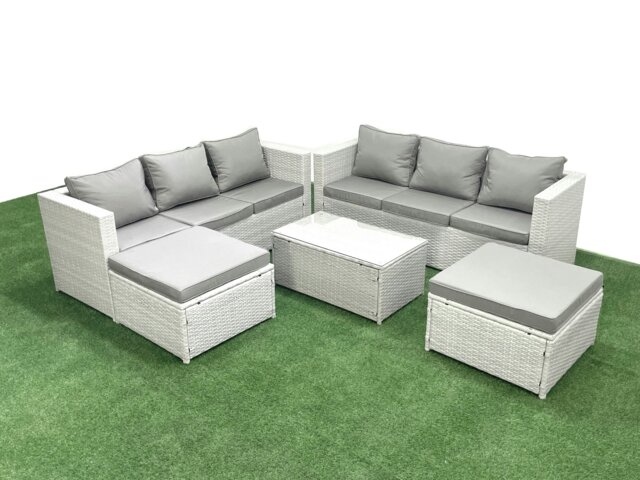 Rackhams Garden Outdoor PE Rattan Furniture Set 8 Seater Rattan Garden Sofa Set with 2 Big Footstools Light Grey Mixed - image 1