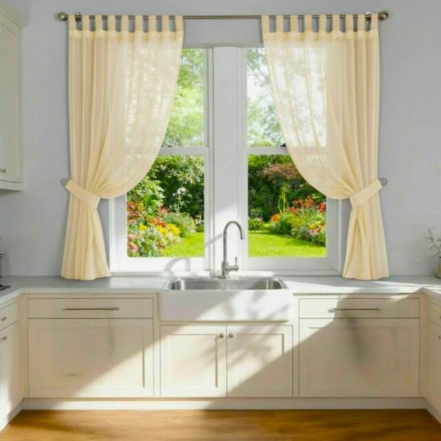 Rackhams Voile Tab Top Curtain Pair with Crystal Tie Backs Sheer Window Panels - Cream - 150cm width x 137cm drop - image 1