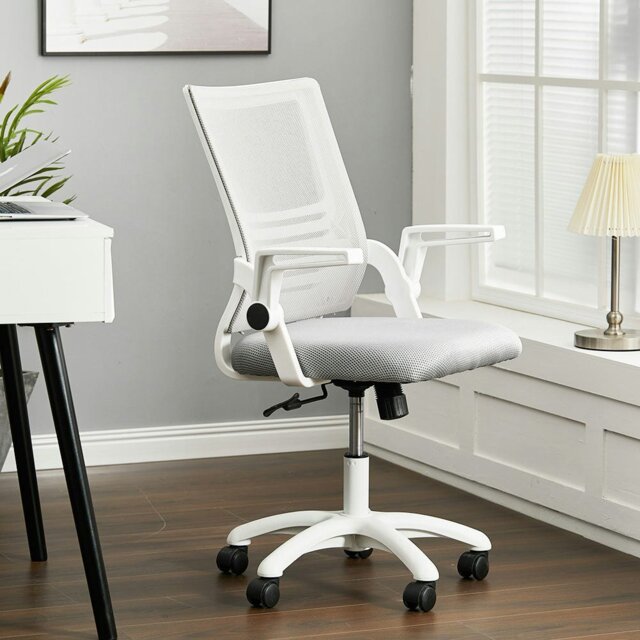 Rackhams Mesh Back Ergonomic 360 Degree Swivel Office Chair with Folding Armrests - White - White