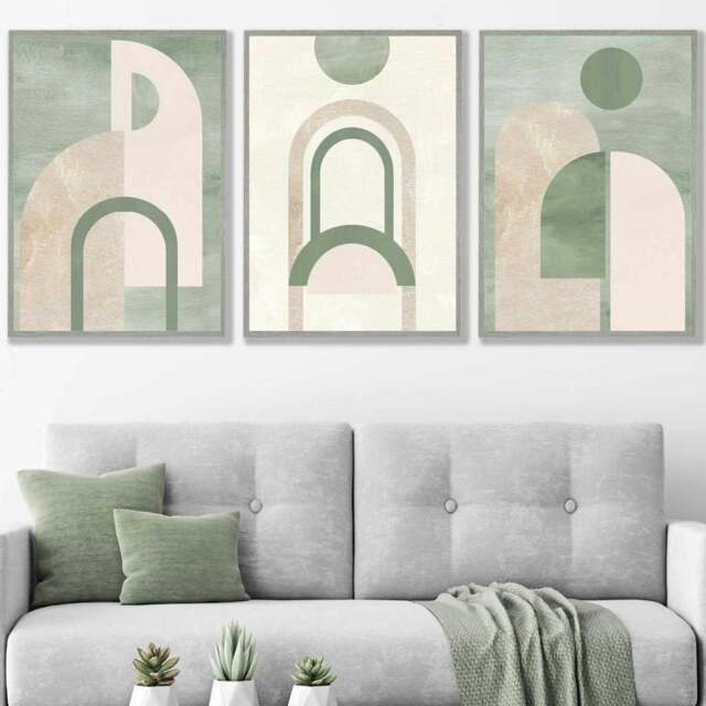 Rackhams Sage Green Boho Arches Set of 3 Framed Wall Art - 59x84cm (A1) - Light Grey - image 1