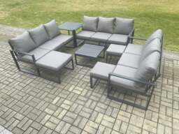 Rackhams Aluminium Outdoor Garden Furniture Set Patio Lounge Sofa with Square Coffee Table Side Table 3 Footstools Conservatory Set Dark Grey - thumbnail 1