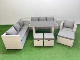 Rackhams Patio Garden Furniture Sets with Black Glass Top Dining Table 3 Seater Sofa Armchair 2 Side Tables 3 Stool Light Grey - thumbnail 1