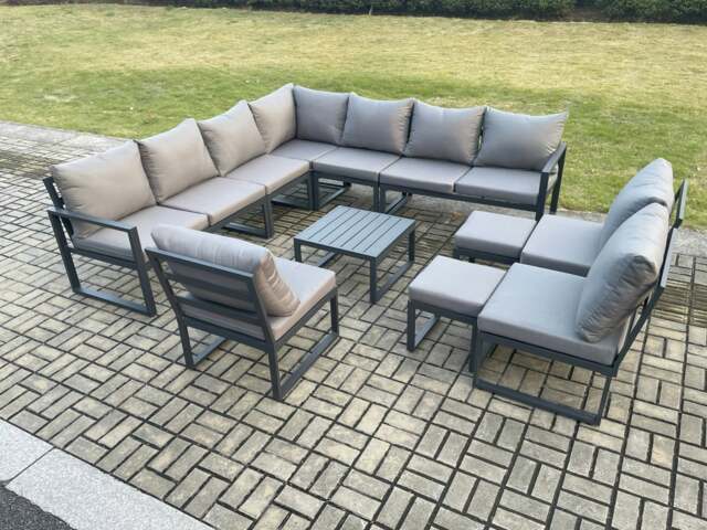Rackhams 12 Seater Outdoor Aluminium Garden Furniture Set Corner Lounge Sofa Set with Square Coffee Table 2 Small Footstools Dark Grey