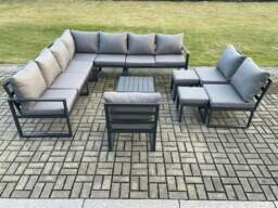 Rackhams 12 Seater Outdoor Aluminium Garden Furniture Set Corner Lounge Sofa Set with Square Coffee Table 2 Small Footstools Dark Grey - thumbnail 2