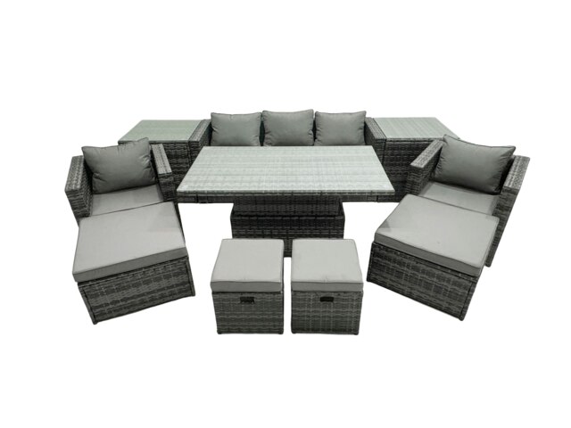 Rackhams PE Rattan Garden Furniture Set Lounge Sofa Rising Dining Table Set with 2 Side Tables 4 Footstool Dark Grey Mixed - image 1
