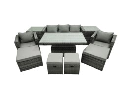 Rackhams PE Rattan Garden Furniture Set Lounge Sofa Rising Dining Table Set with 2 Side Tables 4 Footstool Dark Grey Mixed - thumbnail 1