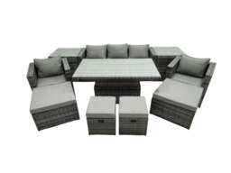 Rackhams PE Rattan Garden Furniture Set Lounge Sofa Rising Dining Table Set with 2 Side Tables 4 Footstool Dark Grey Mixed - thumbnail 2
