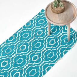 Rackhams Riga 100% Cotton Printed Patterned Rug - Teal - 66 x 200 cm - thumbnail 1