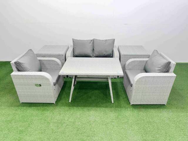 Rackhams Light Grey PE Wicker Rattan Garden Furniture Set Sofa Set Reclining Chair Love Sofa Rectangular Dining Table 2 Side Tables - image 1
