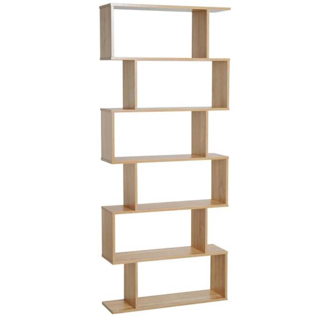 Rackhams Bookcase, 6 Tier Shelf S Shaped Bookshelf, Storage Unit, Display Shelf for Living Room, Bedroom, Home Office, Plant, Oak - image 1
