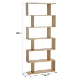 Rackhams Bookcase, 6 Tier Shelf S Shaped Bookshelf, Storage Unit, Display Shelf for Living Room, Bedroom, Home Office, Plant, Oak - thumbnail 3