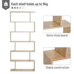 Rackhams Bookcase, 6 Tier Shelf S Shaped Bookshelf, Storage Unit, Display Shelf for Living Room, Bedroom, Home Office, Plant, Oak - thumbnail 4
