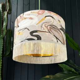 "Rackhams Bird Song Lampshade in Bone With Gold Lining and Fringing - Ceiling Pendant / Arc Lamp - 35cm Diameter x 25cm Height (14"" x 10"")"