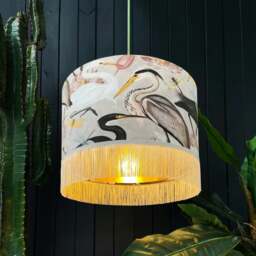 "Rackhams Bird Song Lampshade in Bone With Gold Lining and Fringing - Ceiling Pendant / Arc Lamp - 35cm Diameter x 25cm Height (14"" x 10"")" - thumbnail 2