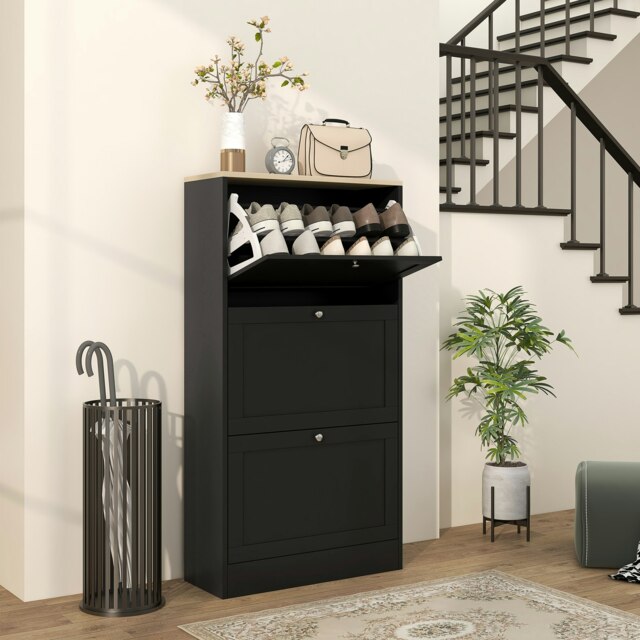 Rackhams Narrow Shoe Cabinet with 3 Flip Drawers for 18 Pairs of Shoes Black - image 1