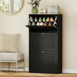 Rackhams Narrow Shoe Cabinet with 3 Flip Drawers for 18 Pairs of Shoes Black