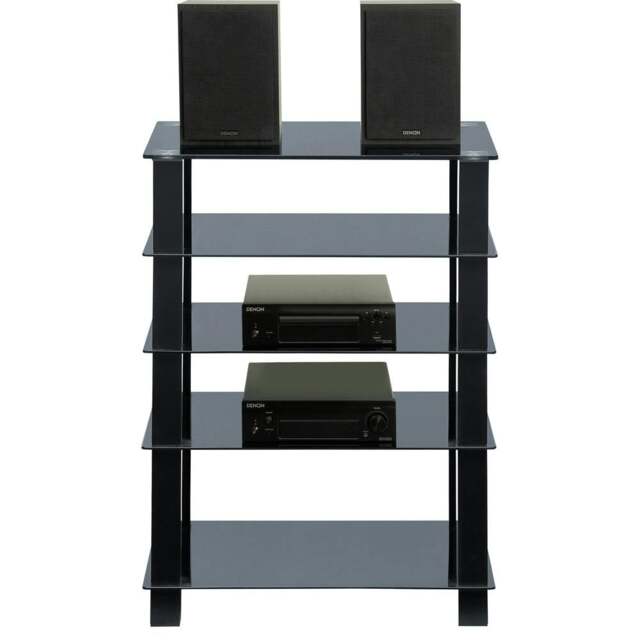 Rackhams TRINITY Gloss Black 5 Shelf with Black Legs Flat Screen TV Rack Glass Stand - 1 - Black - AV Rack - image 1