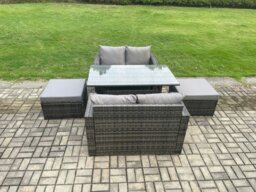 Rackhams Garden Patio Furniture Wicker Rattan Oblong Rectangular Dining Table and Loveseat Sofa set with 2 Big Footstool Dark Grey Mixed - thumbnail 2