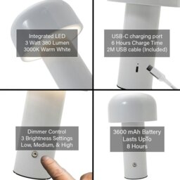 Rackhams Gloss White Modern Mushroom Style Rechargeable LED Touch Dimmable Table Lamp - thumbnail 4