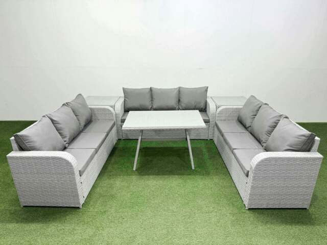 Rackhams 9 Seat Outdoor PE Rattan Garden Furniture with Cushions 3 Seater Sofa 2 Side Tables Light Grey - image 1