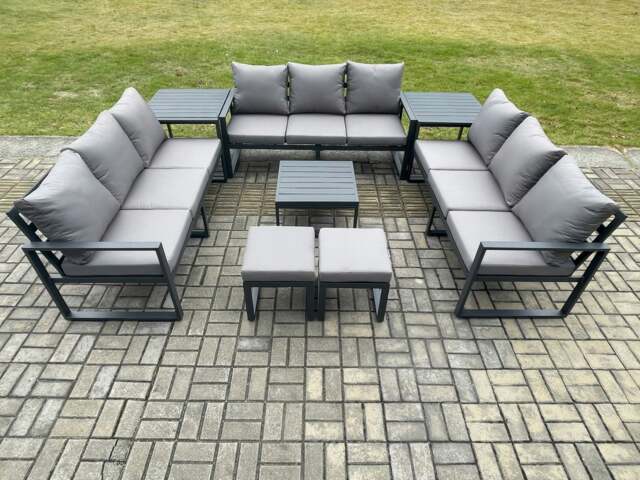 Rackhams Aluminium 11 Seater Outdoor Garden Furniture Set Patio Lounge Sofa with Square Coffee Table 2 Side Tables 2 Small Footstools Dark Grey - image 1