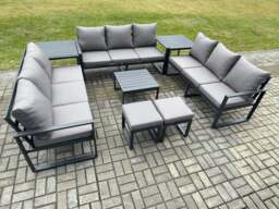 Rackhams Aluminium 11 Seater Outdoor Garden Furniture Set Patio Lounge Sofa with Square Coffee Table 2 Side Tables 2 Small Footstools Dark Grey - thumbnail 2